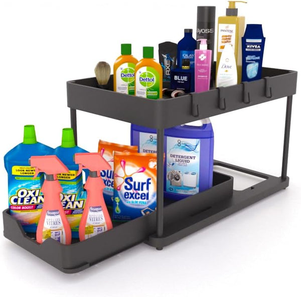 Qunix 1 Pc Under Sink Organiser Multi-Purpose Storage Cabinet Organiser For Kitchen & BathroomSpace Saver 2-Tier Sliding Rack For WorkspaceCompactable Nonslip Stand For Laundry With 4 HooksBlack