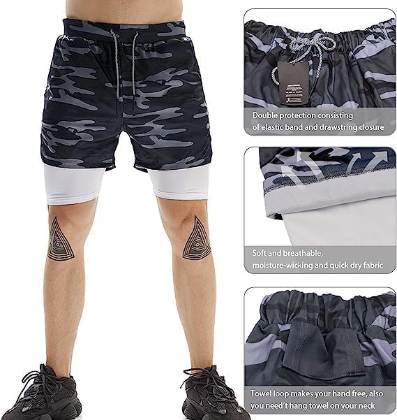 BananHome Men's 2 in 1 Running Shorts Gym Workout Quick Dry Mens Shorts Mens Athletic Shorts with Towel Loop and Phone Pocket