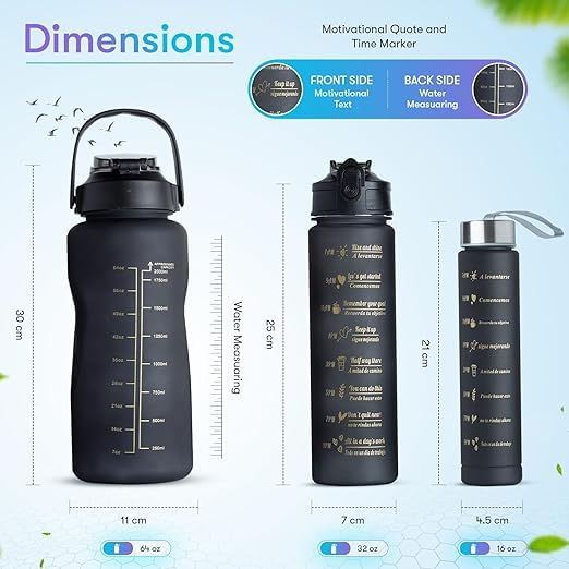 3 Pack Sport Healthy Water Bottle 2L+900ml+500ml Motivational Time Marker,Straw,Phone Holder, Plastic, Adults Kids Fitness Office Gym Home Outdoor School Exercise Protein shake Leak Proof (Black)