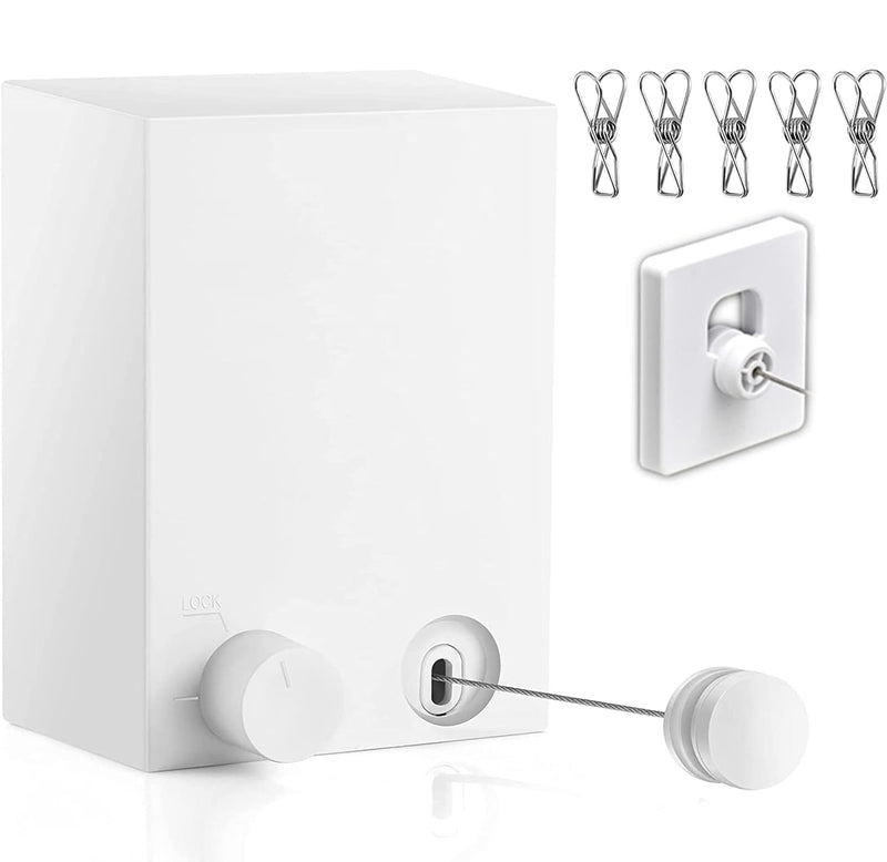 Retractable Clothesline - Heavy Duty Stainless Steel 13.8 Ft Adjustable Space Saving Drying Rope with Aluminum and ABS Wall Mount Case, Perfect for Compact Areas Indoor/Outdoor, White
