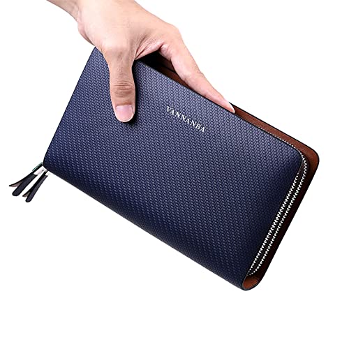 VANNANBA Men Clutch Wallet Large leather clutch bag Business Double Zip Handbag Blue Black