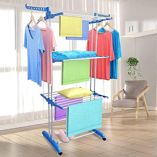 SKY-TOUCH 3 Layers Clothes Drying Rack Folding Clothes Rail Of Clothes Hanger, Adjustable Stainless Steel Hanger With Two Side Folding Wings For Indoor And Outdoor, Blue
