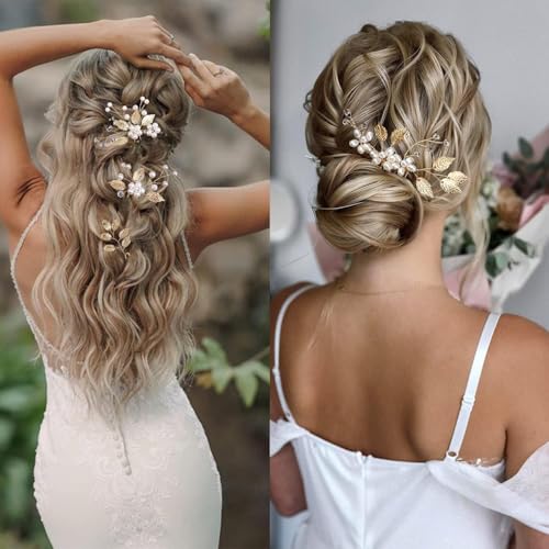 4 Pieces Bridal Wedding Hair Pins, Gold Leaf Hair Pins, Crystal Pearl Flower Hair Forks Vintage Bridal Hair Accessories Wedding Hair Clips Headpiece for Brides Bridesmaids Flower Women and Girls