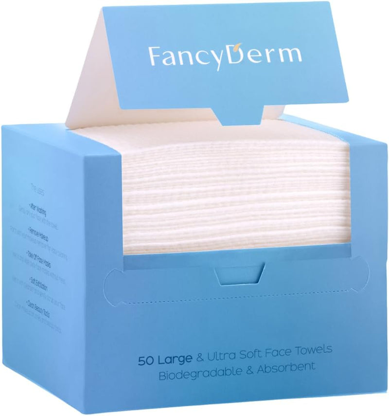 FancyDerm Face Towel Disposable | Cotton Pads | Makeup Remover | Dry Wipes | Soft & Thick | Lint Free Biodegradable | 50 Count