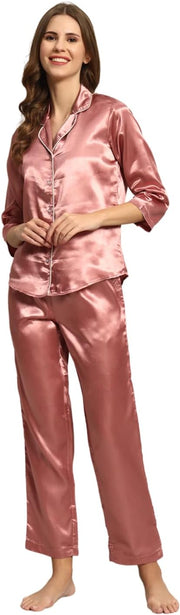 Styleville Satin Button Down Womens Regular Shirt & Pajama Set - Pastel Pink