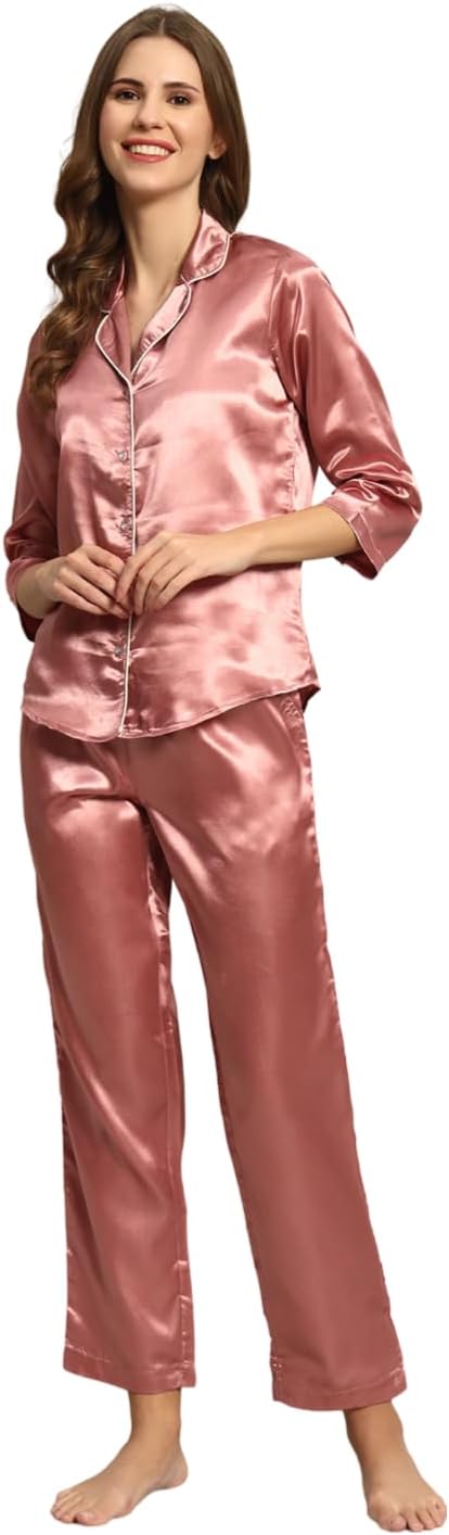 Styleville Satin Button Down Womens Regular Shirt & Pajama Set - Pastel Pink