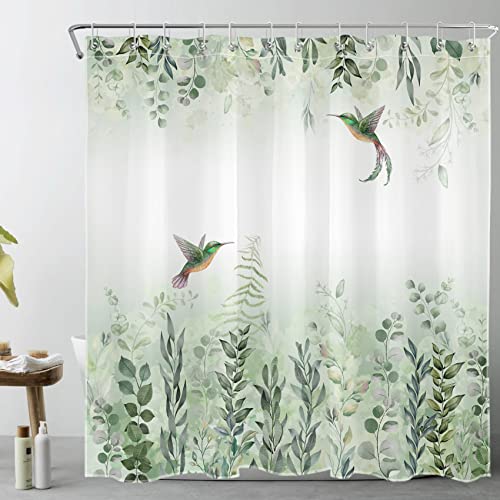 EOBTAIN Sage Green Leaves Shower Curtain Eucalyptus Hummingbird Bird Shower Curtains White Green Leaf Botanical Plant Floral Cottagecore Aesthetic Bathroom Curtain 12 Hooks Durable Fabric 72X72Inches