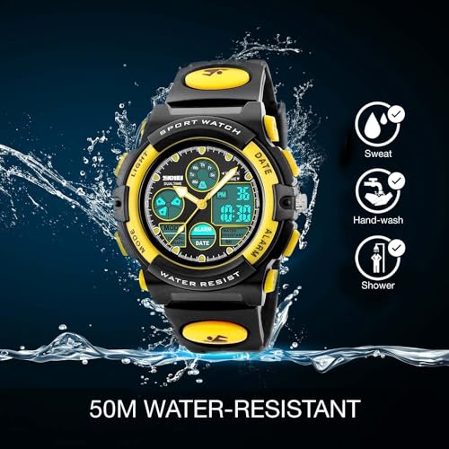 Kids Watch, Unisex Kids Watch for 3-15 Year Old Boys, Digital Sport Outdoor Multifunctional Chronograph LED 50 M Waterproof Alarm Calendar Analog Watch with Luminous for Children, Kids Gift (Yellow)
