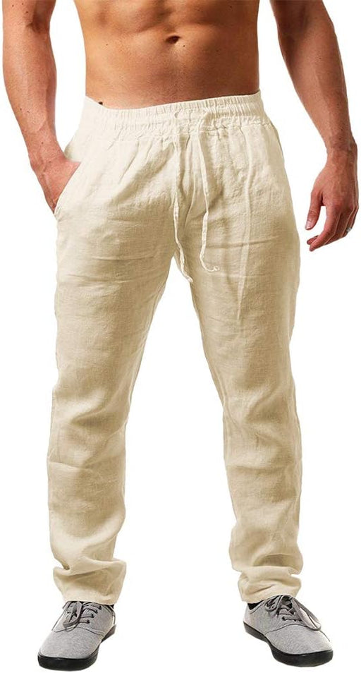 Mens Linen Pants Casual Loose Lightweight Drawstring Elastic Waist Summer Yoga Beach Trousers - 01-beige