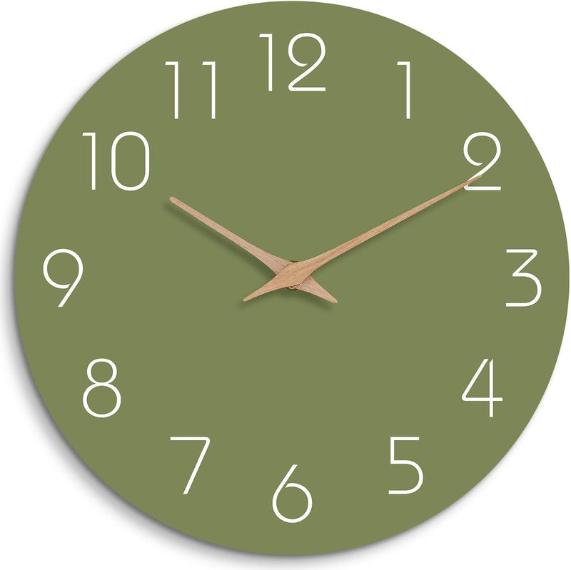 Mosewa Wall Clock 14 Inch Black Battery Operated Silent Non-Ticking - Simple Minimalist Rose Gold Numbers Clock Decorative for Bedroom,Living Room, Kitchen,Home,Office(14" Black) - 10" Olive Green