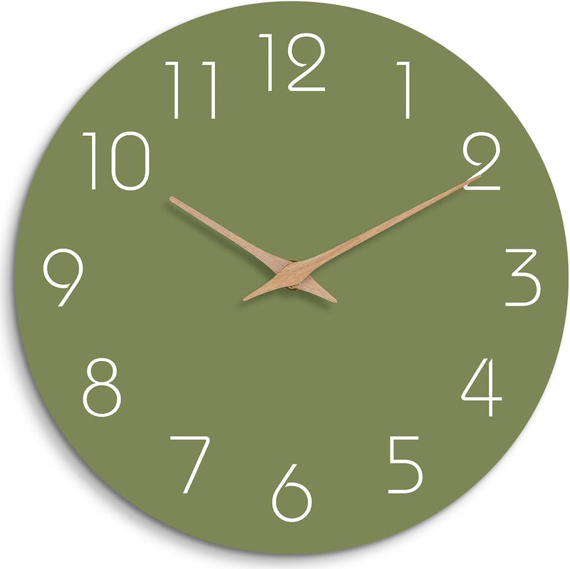Mosewa Silent Non-Ticking Wall Clock Decorative for Kitchen, Bedroom, Bathroom, Office, Living Room, Battery Operated - 10 Inch Wood Modern Simple (Gray) - 10" Olive Green