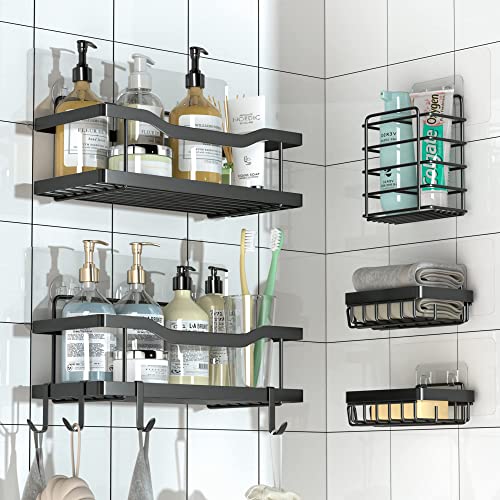 Mtanvxay 5-Pack Shower Caddy, Adhesive Bathroom Organizer, No Drilling, Large Capacity, Rustproof Stainless Steel Bathroom Shower Organizer with 4 Hooks, Shower Shelf for Inside Shower Tiokkss Black