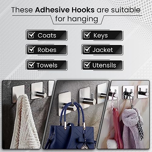 Self-Adhesive Wall Hooks (Pack of 04Pcs) - 304 Stainless Steel Waterproof and Anti-Rust Hooks for Hanging - Ideal Bathroom, Kitchen and Bedroom Hooks for Holding Keys, Coats, Hats, Robes & Towels