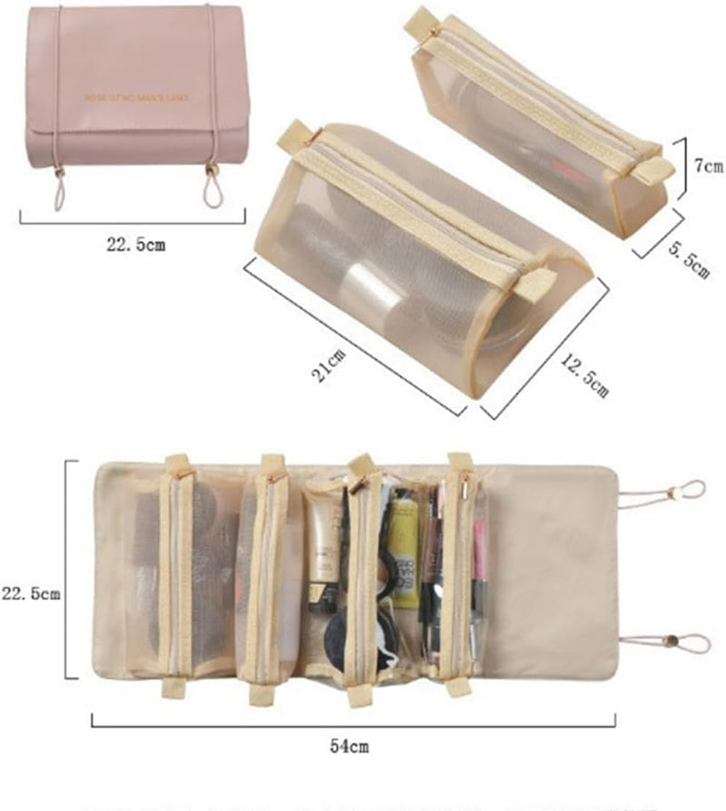 4 in 1 Travel Cosmetic Bag Roll-Up Toiletry Foldable Make Up Storage Bag for Skin Care Products, with 4 Detachable Zipper Pouches