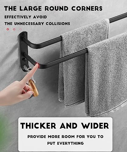 Fohome Towel Bar, Self-Adhesive Towel Rack with Hooks, 2 Rod Towel Holder for Bathroom, 16 Inch Wall Mounted Towel Hanger for Bathroom, Kitchen, Shower (Black)