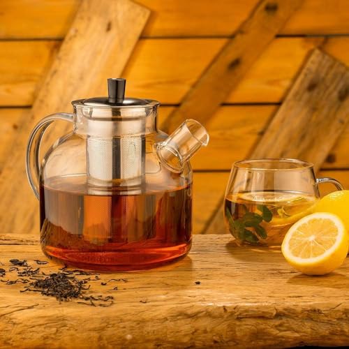 1500ml(50oz) Glass Teapot with Removable Stainless Steel Infuser Strainer,Borosilicate Heat Resistant Stovetop Safe Large Tea Pot, Blooming and Loose Leaf Hand Crafted Kettle for Women and Adult