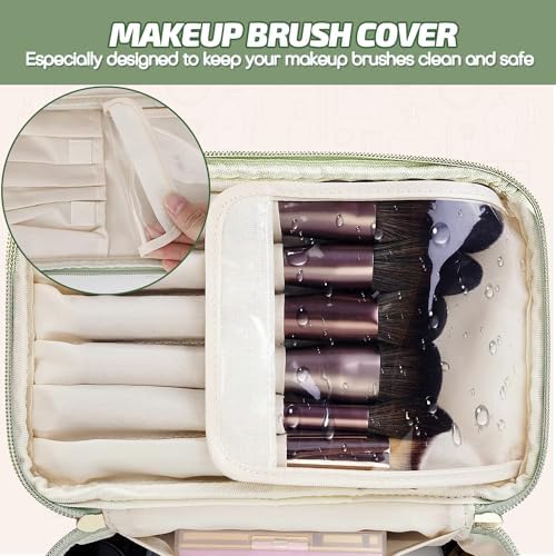 PawPawU Makeup Bag, Travel Cosmetic and Toiletry Organizer, Vegan Leather Waterproof Beauty Washbag with Handle to Keep Your Make up, Brushes, Skincare Products Organized (Beige)