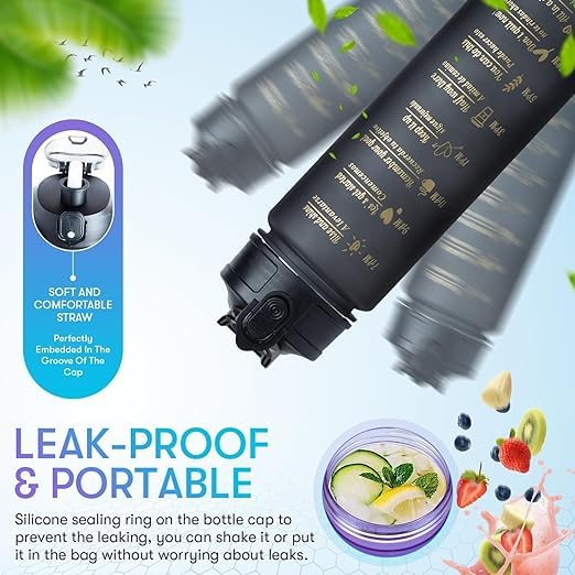 3 Pack Sport Healthy Water Bottle 2L+900ml+500ml Motivational Time Marker,Straw,Phone Holder, Plastic, Adults Kids Fitness Office Gym Home Outdoor School Exercise Protein shake Leak Proof (Black)