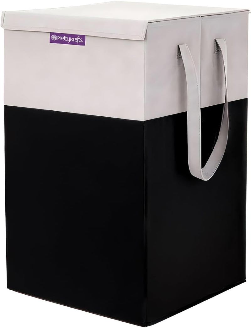 PrettyKrafts Folding Laundry Basket for ClothesToy Storage Box with Lid & Handle, Toys Organiser, 75 Litre, Black