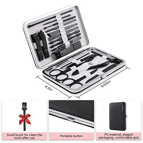 Jubolion Manicure Set, 19pcs Stainless Steel Professional Nail Clippers Pedicure Set with Black Leather Storage Case, Portable Grooming Kit for Travel or Home, Perfect Gifts for Women and Men (Black)