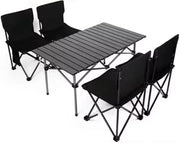 YU WELL Portable Roll-Up Camping Table with 4 Chairs, Lightweight Aluminum Folding Picnic Table Set with Carry Bag, Waterproof, Rust-Resistant Outdoor Table & Chair for Camping 95X55X50CM Black - Black Table 95X55X50CM With 4 Chairs
