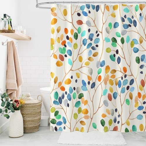 Tazweeq Floral Shower Curtain for Bathroom, Colorful Leaves Fabric Shower Curtain, Abstract Watercolor Painting Cute Botanical Decorative Shower Curtain Set with Hooks (180×180cm)