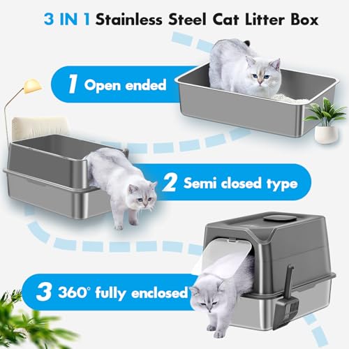 Angju Stainless Steel Cat Litter Box with Lid, Extra Large Cat Litter Box with Plasma Deodorizing for Eliminating 99% Odor, Enclosed Cat Litter Boxes, Metal Covered Litter Box, Anti-Urine Leakage