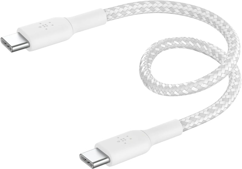 Belkin Fast Charge braided USB C to fast charger cable, USB type C charger cable fast charging for iPhone 15, Samsung Galaxy S23, Google Pixel, iPad, MacBook, Nintendo and more - 1m, White - 15CM White
