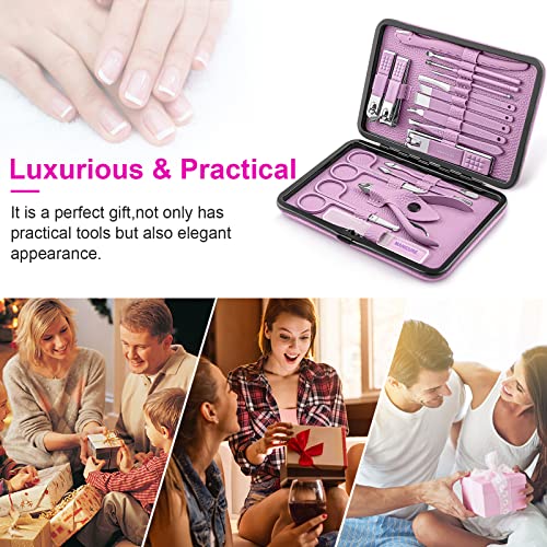 Leipple Manicure Set Professional Pedicure Kit Nail Clippers Kit - 18 pcs Nail Care Tools - Grooming Kit with Luxurious Upgraded Travel Case (Purple)