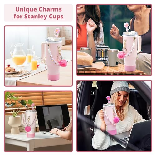 Hahamiya Stanley Cup Accessories Set of 7 - Silicone Boot, Water Bottle Handle Strap, Straw Cover, Charms for 40/30 oz Tumbler - Pink