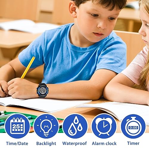 LBOYLOVE® Kids Watches for Boys Watch for 3-15 Year Old Boys, Digital Sport Outdoor Multifunctional Chronograph LED 50 M Waterproof Alarm Calendar Analog Watch for Children with Silicone Band