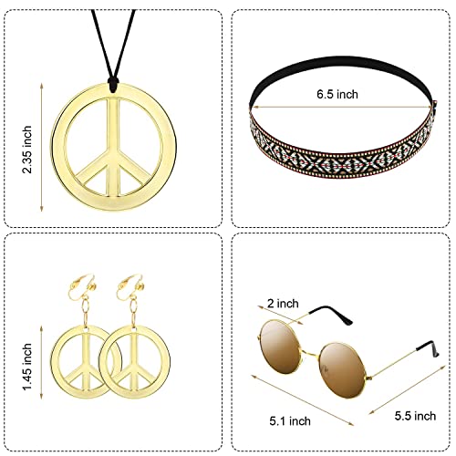 KASTWAVE Hippie Costume Set for Women Kit Includes Sunglasses, Peace Sign Necklace and Peace Sign Earring, Bohemia Headband for 60s 70s Party Accessories