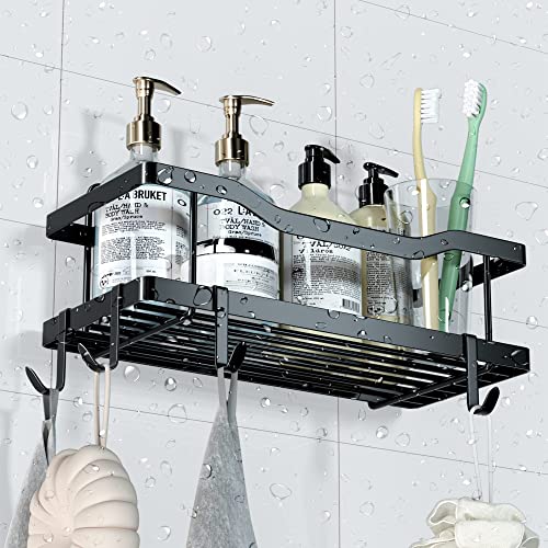Mtanvxay 5-Pack Shower Caddy, Adhesive Bathroom Organizer, No Drilling, Large Capacity, Rustproof Stainless Steel Bathroom Shower Organizer with 4 Hooks, Shower Shelf for Inside Shower Tiokkss Black