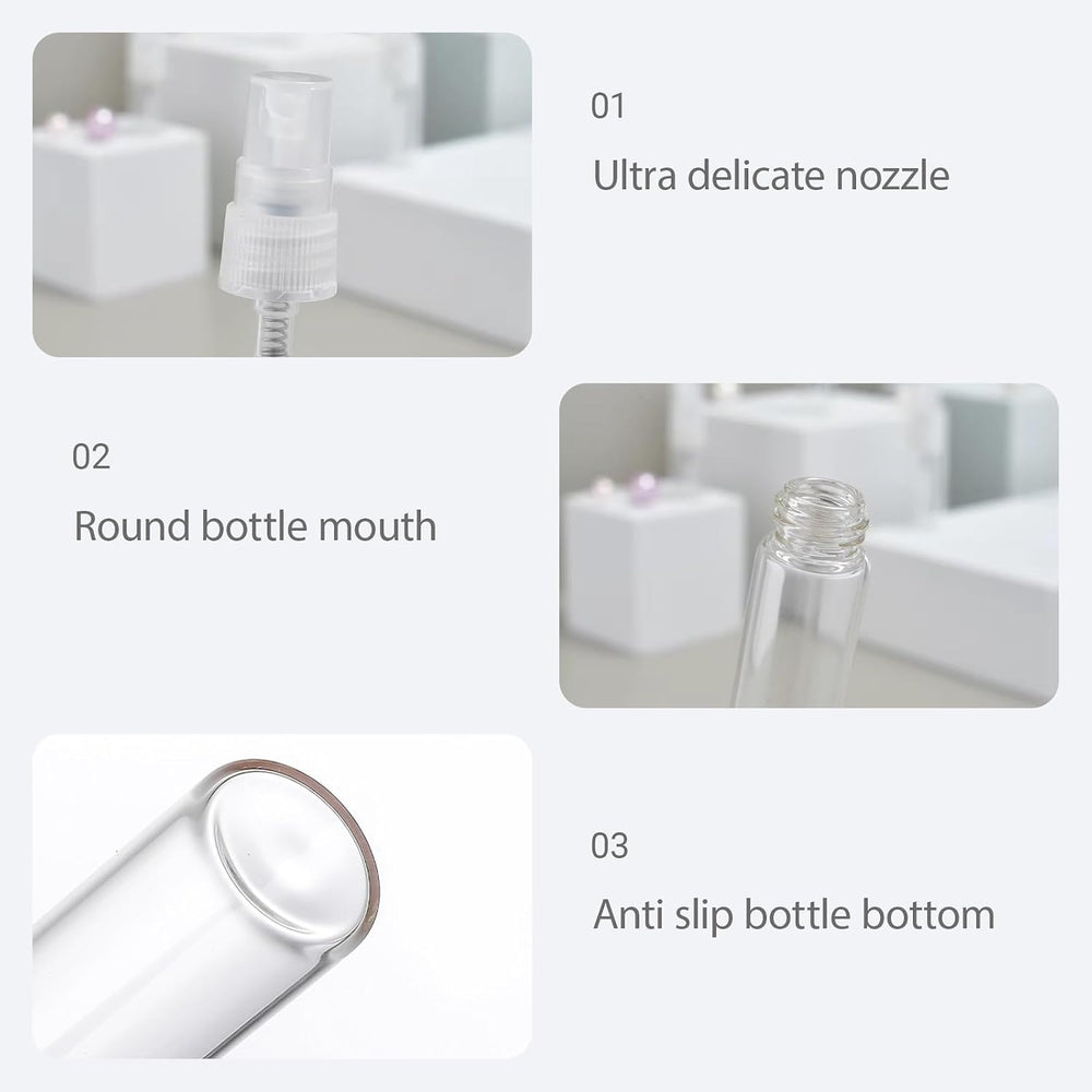 50 Pcs Mini Perfume Sample Bottle 10ml Clear Spray Bottle Empty Glass Fine Mist Refillable Dispensing Bottles Atomizer Portable Small Travel Containers for Essential Oil Liquid Cosmetic Tool