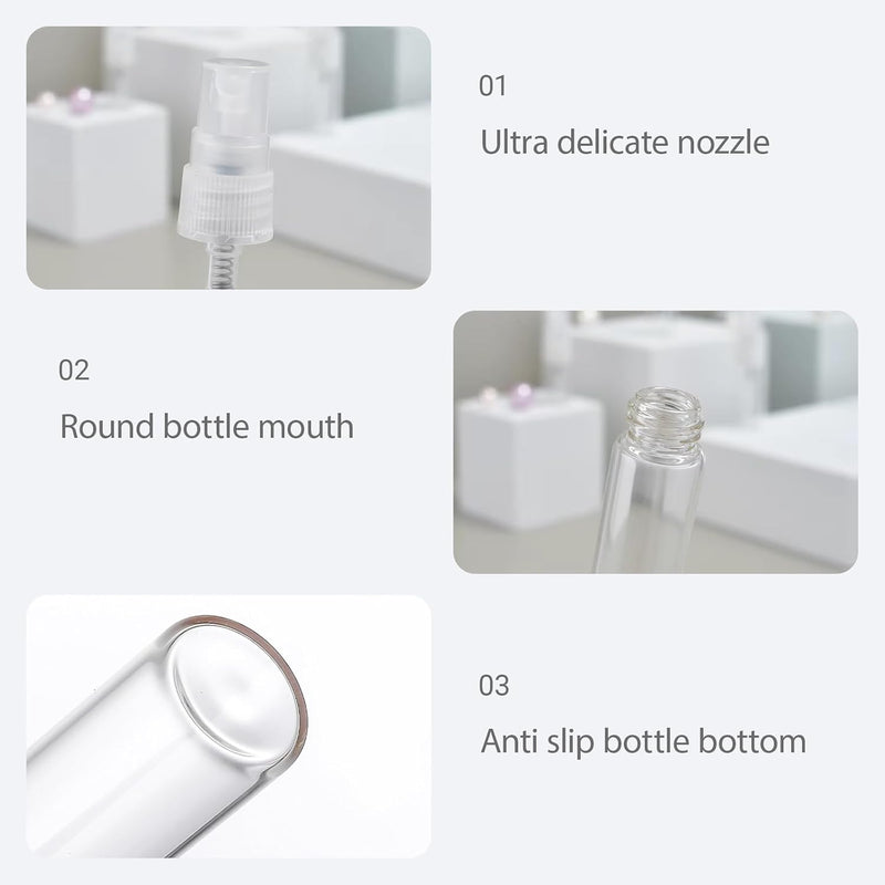 50 Pcs Mini Perfume Sample Bottle 10ml Clear Spray Bottle Empty Glass Fine Mist Refillable Dispensing Bottles Atomizer Portable Small Travel Containers for Essential Oil Liquid Cosmetic Tool