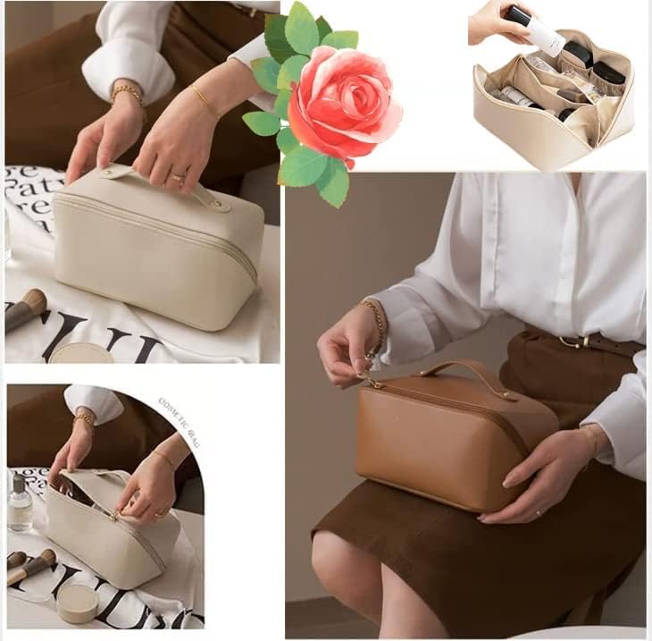 Necomi® Large-Capacity Travel Cosmetic Bag | Leather Makeup Bag | Waterproof Portable Cosmetic Bag | Multifunctional Storage Makeup Bag | Travel Cosmetic Bag (Brown)