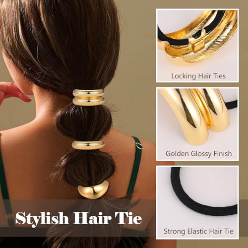papasgix 3 Metal Hair Ties, Ponytail Cuffs - Gold & Silver Hair Accessories for Women (Gold Set 01)