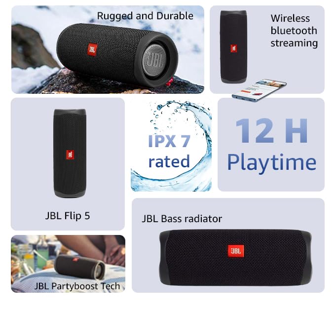 JBL Flip 5 Portable Waterproof Bluetooth Speaker with 12 Hours of Battery, Powerful Sound and Booming Bass, Lightweight, Stand Vertical or Horizontal, JBL Partyboost Compatible - Blue, JBLFLIP5BLU