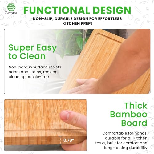 ZAYNEST Organic Bamboo Cutting Board Set ? 7-Piece Eco-Friendly Chopping Board with Juice Grooves, Stand & Wooden Utensils - Lightweight and Knife Friendly for Cutting, Cooking & Serving