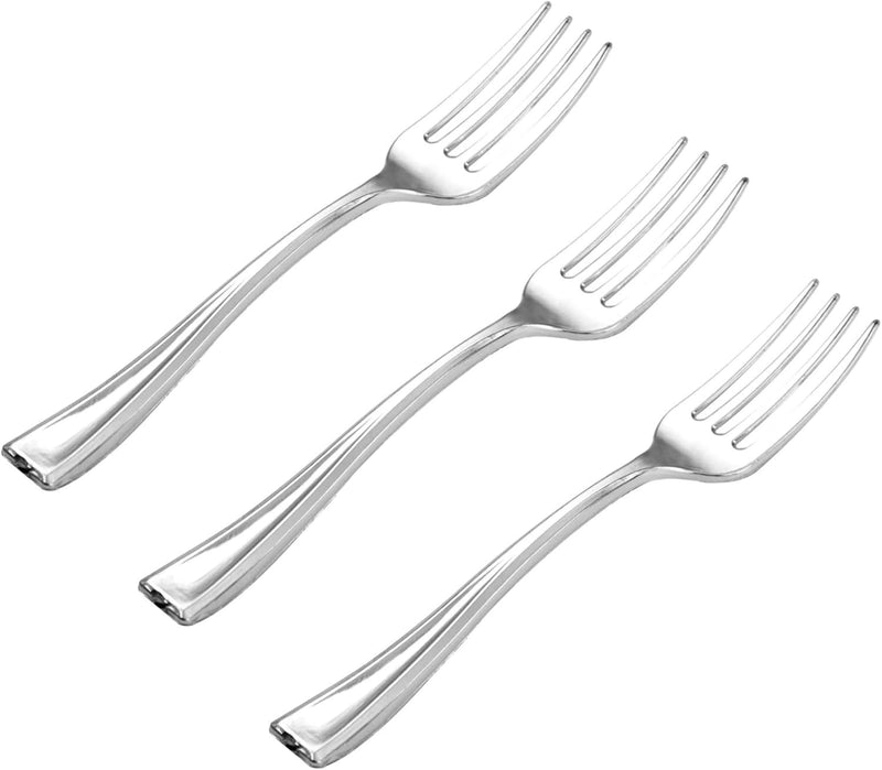 AL FAKHAMA Mini Forks 24 PCS Reusable Plastic Dessert Forks 10 cm Elegant Mini Cutlery for Parties, Tastings, Appetizers, Events, and Bakery Use Sturdy & Washable (Silver)
