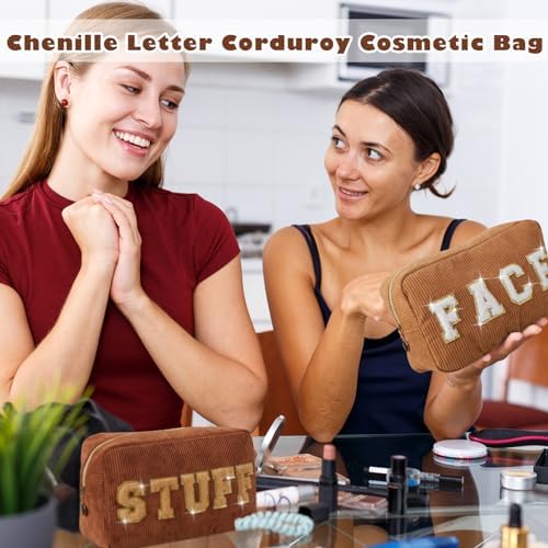 Pinkunn 4 Pcs Preppy Makeup Bags Christmas Chenille Letter Bag Face Skin Hair Stuff Cosmetic Bag Corduroy Makeup Pouch with Zipper Birthday Gifts for Women(Purple, Pink, White, Blue,Corduroy)