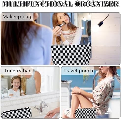 ZLFSRQ 3Pcs Checkered Makeup Bag for Women Large Cosmetic Bag Set Travel Toiletry Bag Makeup Pouch Bag for Purse Pink Zipper Storage Bag Organizer Cute Small Aesthetic Girls Car Essentials Bag