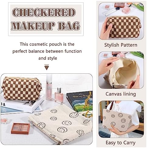 ZLFSRQ 3Pcs Checkered Makeup Bag for Women Large Cosmetic Bag Set Travel Toiletry Bag Makeup Pouch Bag for Purse Pink Zipper Storage Bag Organizer Cute Small Aesthetic Girls Car Essentials Bag