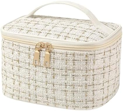 ZABEES Travel Makeup Bag,Large Capacity Cosmetic Bags,Waterproof Portable Pouch Open Flat Toiletry Bag Make up Organizer with Divider and Handle Bag for Women and Girls (Bright white check)
