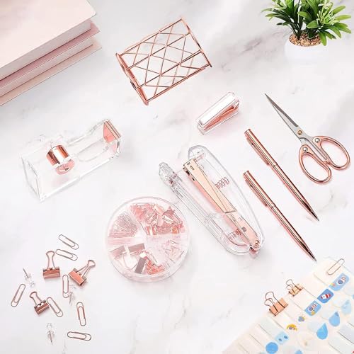 THE WHITE SHOP Acrylic Stapler, Rose Gold Desk Accessories, Office Supplies Set Acrylic Stapler, Set Staple Remover, Tape Holder, Pen Holder