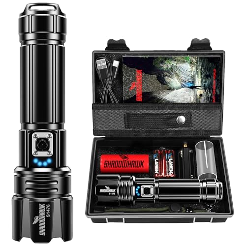 Shadowhawk Flashlight Led USB Rechargeable, 10000 lumens Torch Light XHP70.2, Super Bright Tactical Flashlights, IP67 Waterproof Zoomable, for Outdoor Camping Hiking Emergency(with Battery)