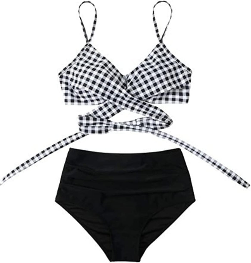 Women High Waisted Wrap Bikini Set Back Tie 2 Piece Swimsuits Low Neck Push Up Bathing Suits Solid Swimwear Print Criss cross Swimming suit Beachwear