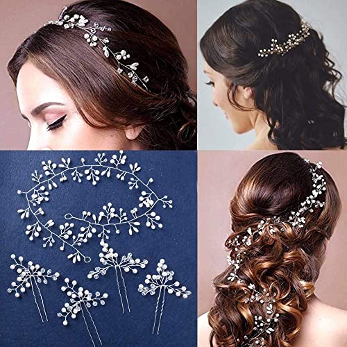 Wedding Pearl Hair Vine *1 + Crystal Hair Pins *4 - Bride Jewelry Hair Accessories Bridal Headband Headwear Pearl Wedding Hairband Headpiece for Wedding Prom Party Festival Headdresses for Women Girls