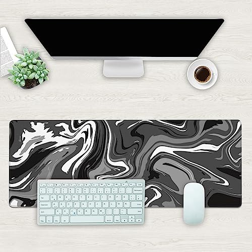 Desk Mat, Abstract Black White Ink Liquid Waves Extended Gaming Mouse Pad Large, 31.5"x11.8" Big Mouse Pad with Non-Slip Base and Stitched Edge, Long Computer Keyboard Mouse Mat for Home Office Work