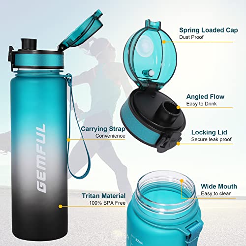 GEMFUL Water Bottle 1L with Straw Time Marker Tritan BPA Free for Fitness Gym Outdoor Sports (Green/black)